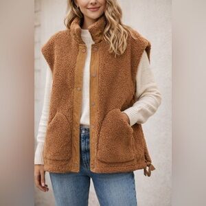 Brown Teddy Sherpa Snap-Front Vest Cozy Oversized Pocket Fleece Jacket
